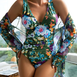 Bañador de una pieza para mujer – Escote pronunciado – Estampado floral – Manga larga de voile
