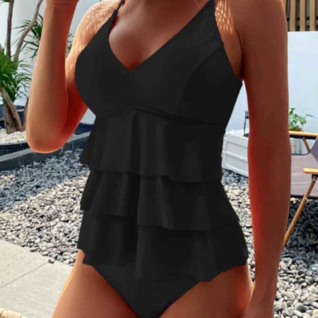 Tankini para mujer – Top con volantes en capas – Tirantes finos – Comodidad y elegancia