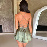 Vestido corto de mujer - Satén brillante - Cuello vuelto - Sin mangas - Corte acampanado