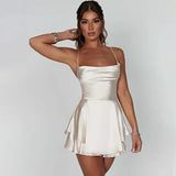 Vestido corto de mujer - Satén brillante - Cuello vuelto - Sin mangas - Corte acampanado