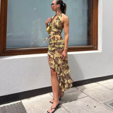 Vestido de mujer - Cuello halter - Bajo asimétrico - Estampado floral - Detalle fruncido