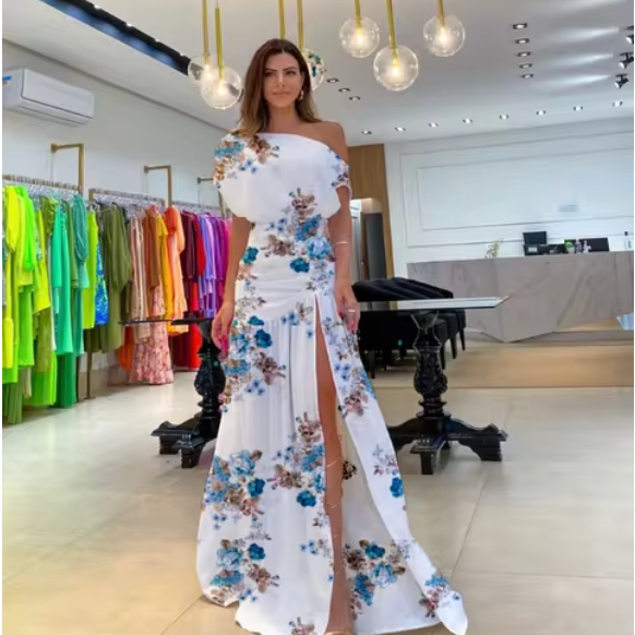 Vestido de mujer - Cuello halter - Bajo asimétrico - Estampado floral - Detalle fruncido