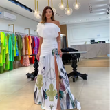 Vestido de mujer - Cuello halter - Bajo asimétrico - Estampado floral - Detalle fruncido