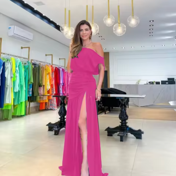 Vestido de mujer - Cuello halter - Bajo asimétrico - Estampado floral - Detalle fruncido
