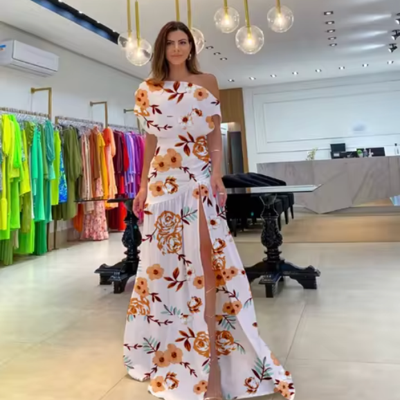 Vestido de mujer - Cuello halter - Bajo asimétrico - Estampado floral - Detalle fruncido