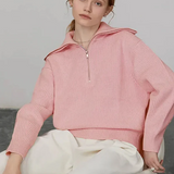 Suéter de mujer – Lana – Corte holgado – Cuello con cremallera – Ribete de canalé