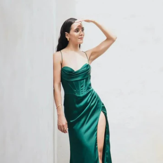 Vestido de noche para mujer - Satén elegante - Espalda abierta - Abertura alta - Cuello vuelto