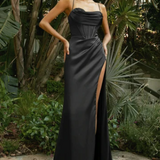 Vestido de noche para mujer - Satén elegante - Espalda abierta - Abertura alta - Cuello vuelto
