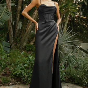 Vestido de noche para mujer - Satén elegante - Espalda abierta - Abertura alta - Cuello vuelto