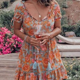 Minivestido de mujer - Estilo bohemio - Estampado floral - Mangas cortas - Cuello en V con borlas