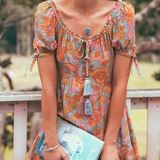 Minivestido de mujer - Estilo bohemio - Estampado floral - Mangas cortas - Cuello en V con borlas