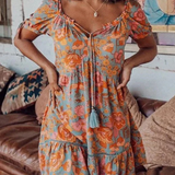 Minivestido de mujer - Estilo bohemio - Estampado floral - Mangas cortas - Cuello en V con borlas