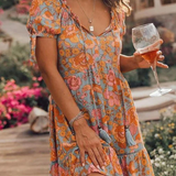 Minivestido de mujer - Estilo bohemio - Estampado floral - Mangas cortas - Cuello en V con borlas