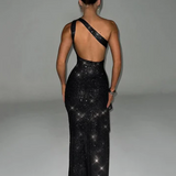 Vestido de noche para mujer - Un hombro - Abertura - Corte ajustado - Tejido brillante