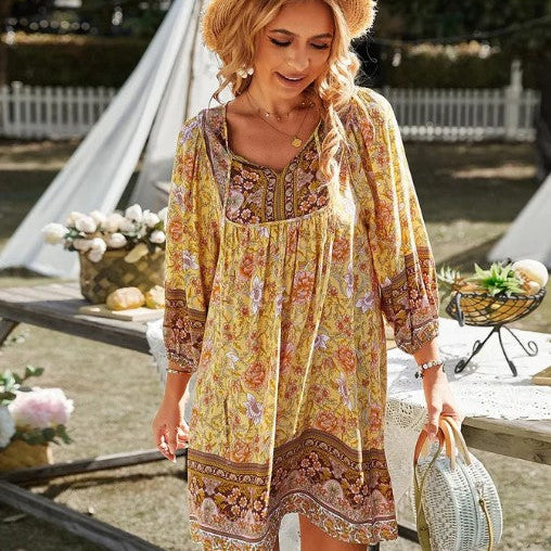 Vestido bohemio para mujer - Estampado floral - Mangas largas - Corte acampanado - Cuello en V