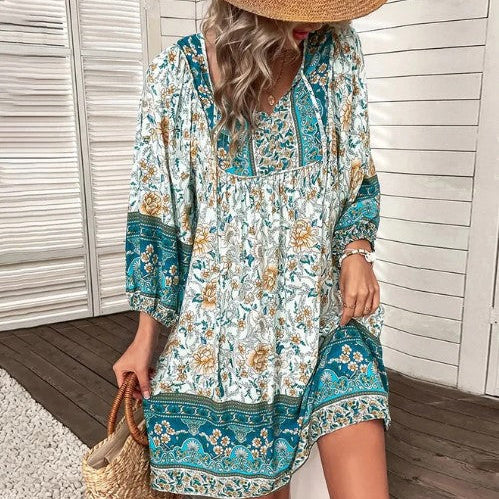 Vestido bohemio para mujer - Estampado floral - Mangas largas - Corte acampanado - Cuello en V