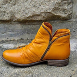 Botines de mujer – Piel lisa – Tacón bajo – Cremallera lateral – Detalle frontal fruncido