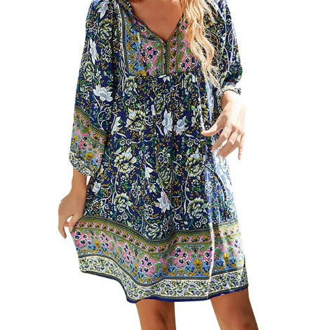 Vestido bohemio para mujer - Largo mini - Mangas largas - Cuello en V - Casual fluido