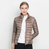 Chaqueta acolchada para mujer – Chaqueta ligera de plumón – Corte entallado – Cuello alto con cremallera