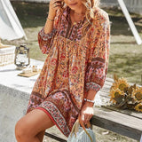 Vestido bohemio para mujer - Largo mini - Mangas largas - Cuello en V - Casual fluido