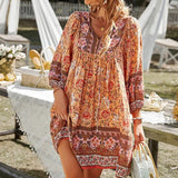 Vestido bohemio para mujer - Largo mini - Mangas largas - Cuello en V - Casual fluido