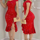 Vestido de mujer - Corte ajustado - Hombros descubiertos - Estampado floral - Largo midi elegante