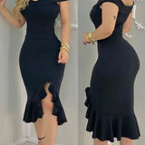Vestido de mujer - Corte ajustado - Hombros descubiertos - Estampado floral - Largo midi elegante