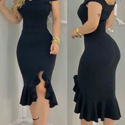Vestido de mujer - Corte ajustado - Hombros descubiertos - Estampado floral - Largo midi elegante