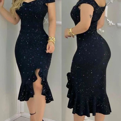 Vestido de mujer - Corte ajustado - Hombros descubiertos - Estampado floral - Largo midi elegante