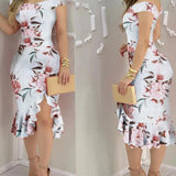 Vestido de mujer - Corte ajustado - Hombros descubiertos - Estampado floral - Largo midi elegante