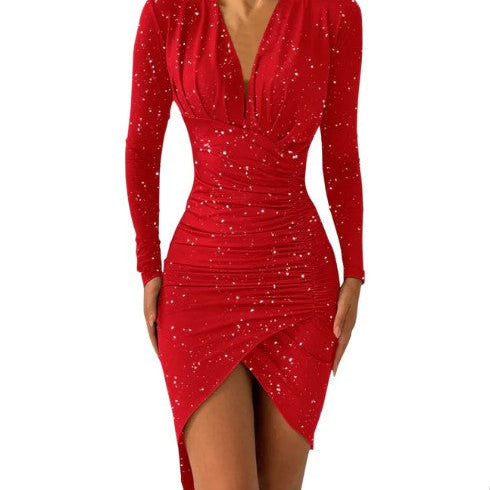 Vestido ajustado para mujer - Mangas largas - Escote en V pronunciado - Detalle fruncido - Bajo asimétrico