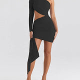 Vestido mini de mujer – Corte ajustado – Hombros descubiertos – Detalle de abertura – Drapeado asimétrico