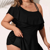 Traje de baño de una pieza para mujer - Hombros asimétricos - Volante elegante - Corte fluido