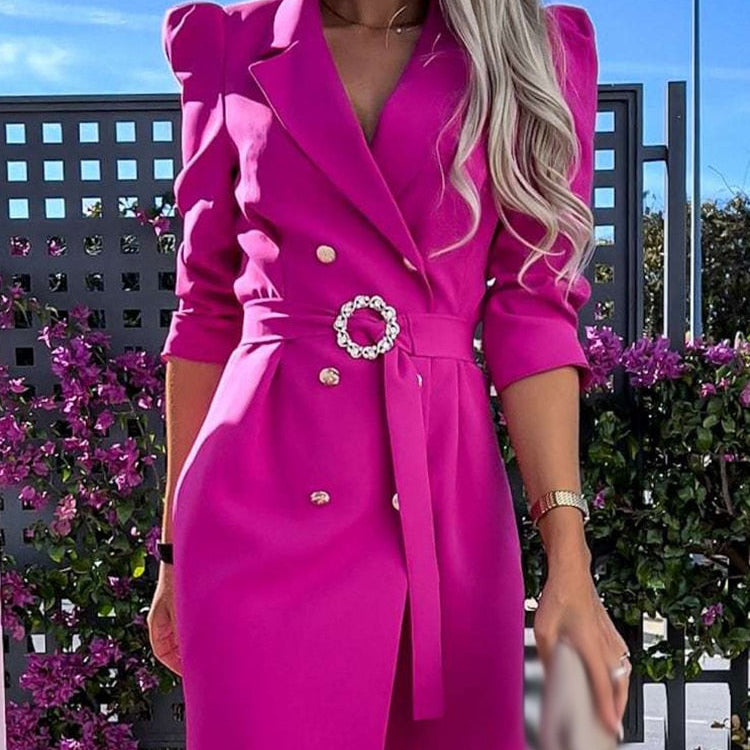 Vestido Blazer para Mujer – Corte Entallado – Cruzado – Cinturón con Hebilla – Mangas 3/4