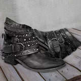 Botines de mujer – Piel desgastada – Tiras con tachuelas – Hebillas – Tacón plano – Estilo rockero