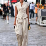 Conjunto de traje para mujer: Top sin mangas con cuello en V y pantalones anchos de cintura alta.