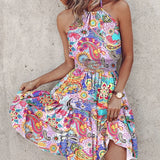 Vestido corto de mujer – Espalda halter – Cintura fruncida – Falda vaporosa con volantes
