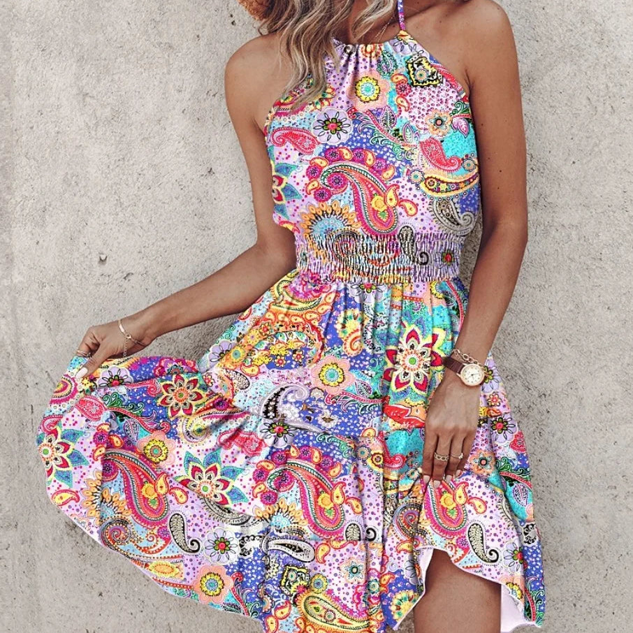 Vestido corto de mujer – Espalda halter – Cintura fruncida – Falda vaporosa con volantes