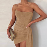 Vestido mini asimétrico para mujer - Sin tirantes - Drapeado elegante - Corte ajustado