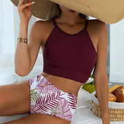 Bikini para mujer – Top deportivo de cuello redondo – Braguita de cintura alta – Ajuste moldeador elástico
