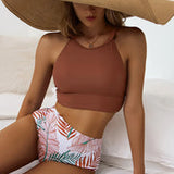 Bikini para mujer – Top deportivo de cuello redondo – Braguita de cintura alta – Ajuste moldeador elástico