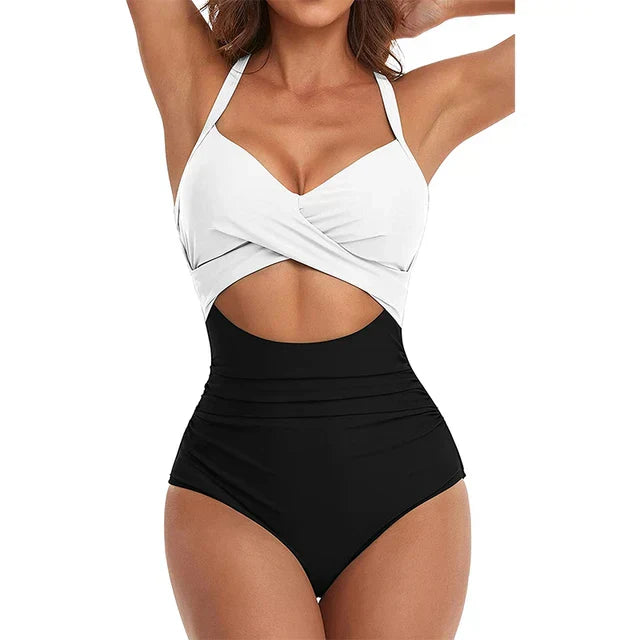 Traje de baño de una pieza para mujer – Corte entallado – Escote cruzado – Cintura recortada – Estampado floral