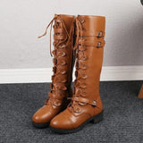 Botas altas para mujer – Cordones y hebillas – Estilo de piel estructurada – Suela con tacos