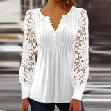 Blusa de mujer – Corte relajado – Mangas largas de encaje – Cuello en V festoneado