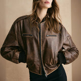 Chaqueta de piel para mujer – Corte oversize estructurado – Corta – Cierre de cremallera – Bolsillos con cremallera