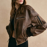Chaqueta de piel para mujer – Corte oversize estructurado – Corta – Cierre de cremallera – Bolsillos con cremallera