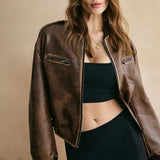Chaqueta de piel para mujer – Corte oversize estructurado – Corta – Cierre de cremallera – Bolsillos con cremallera