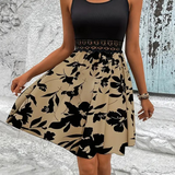Vestido sin mangas para mujer - Corte acampanado - Elegante estampado de follaje - Escote redondo
