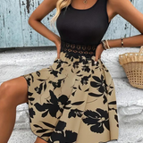 Vestido sin mangas para mujer - Corte acampanado - Elegante estampado de follaje - Escote redondo