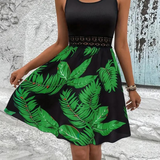 Vestido sin mangas para mujer - Corte acampanado - Elegante estampado de follaje - Escote redondo